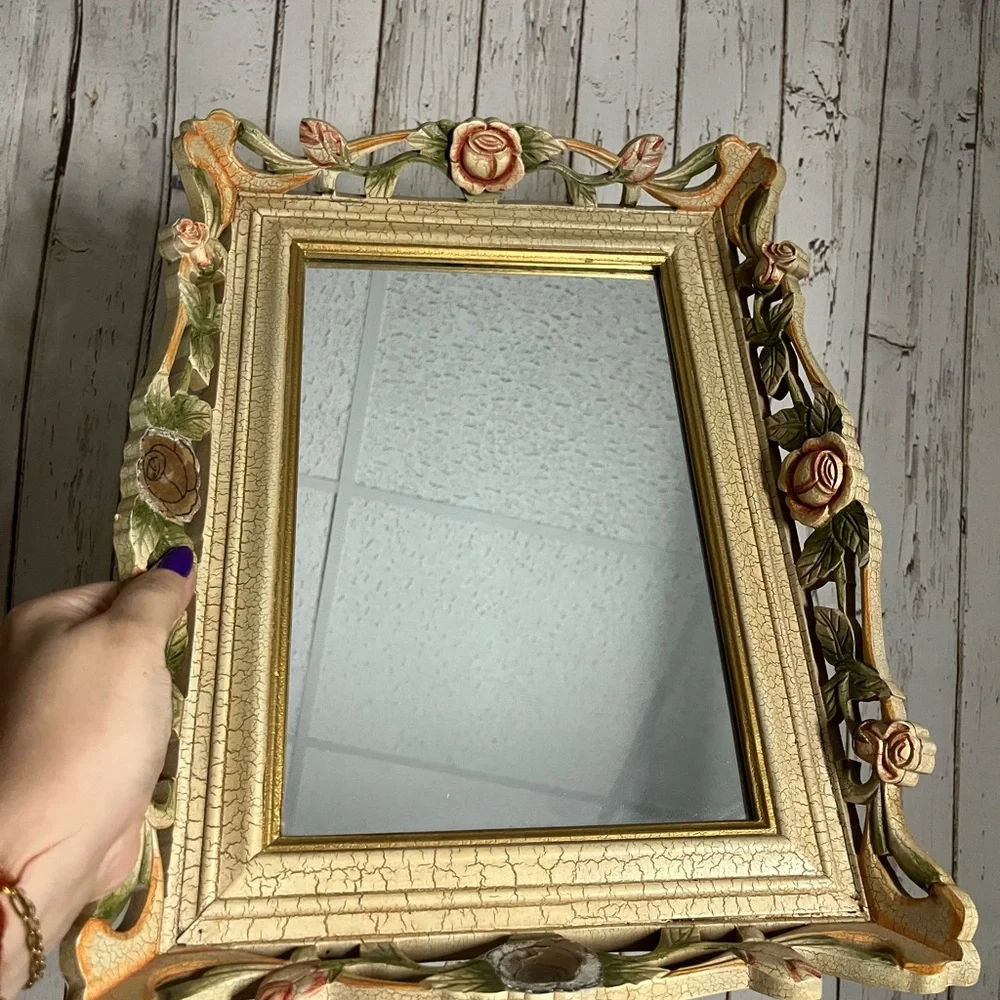 Rose Mirror Crackled Finish Wall Mirror or Tray Vintage 12 x16 inch mirror